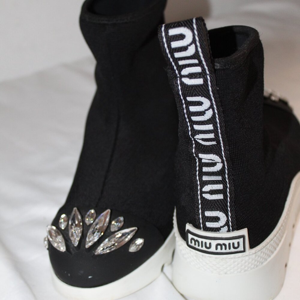 Miu Miu Black Crystal High-Top Sock Sneaker Bootie 38.5